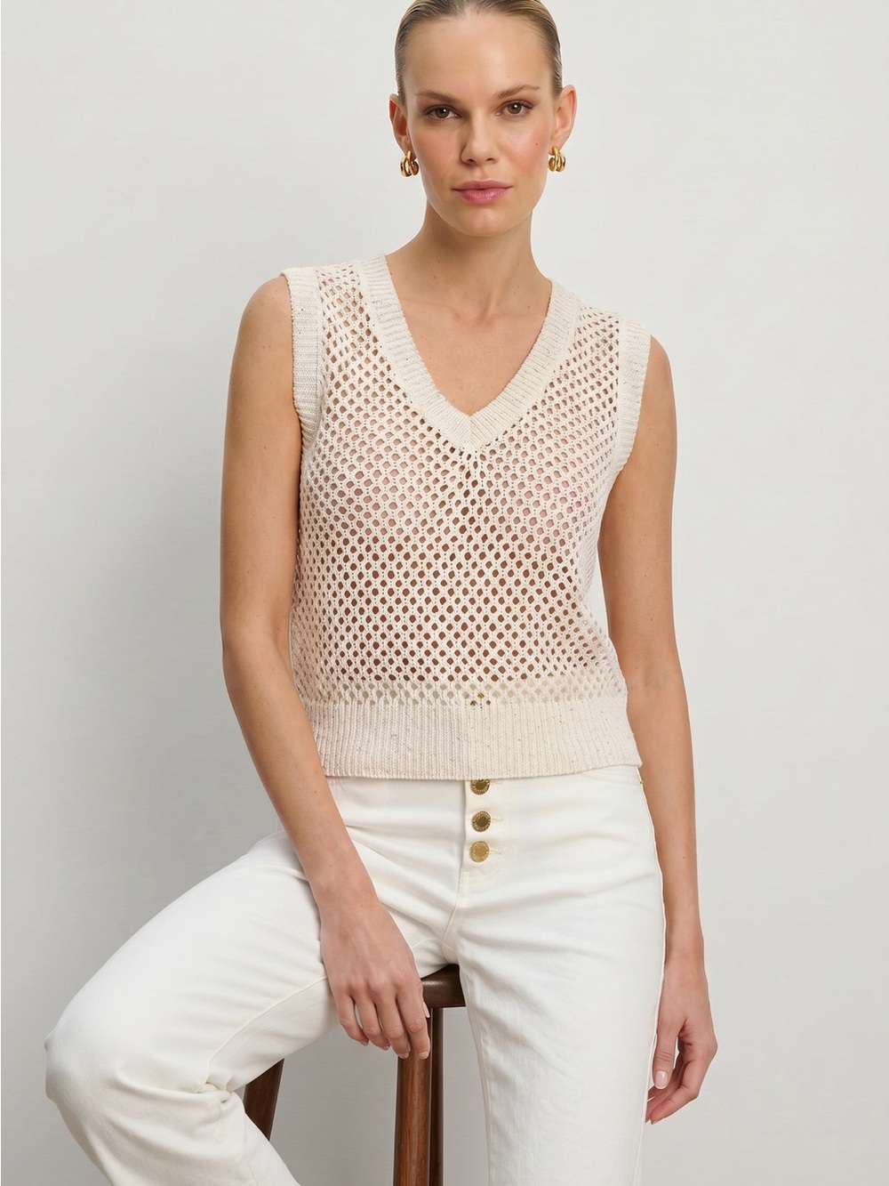 NWT The Noli Shop ADDISON SEQUIN CROCHET TOP - PEARL